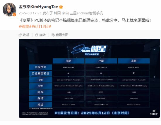 金亨泰公开《剑星》所需笔记本配置：最低RTX3050Ti(图2)